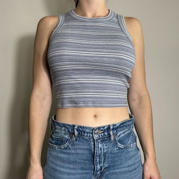 Madewell Supima Rib Cutawat Crop Tank in Blue White Stripe Size Medium NWT - Picture 2 of 7